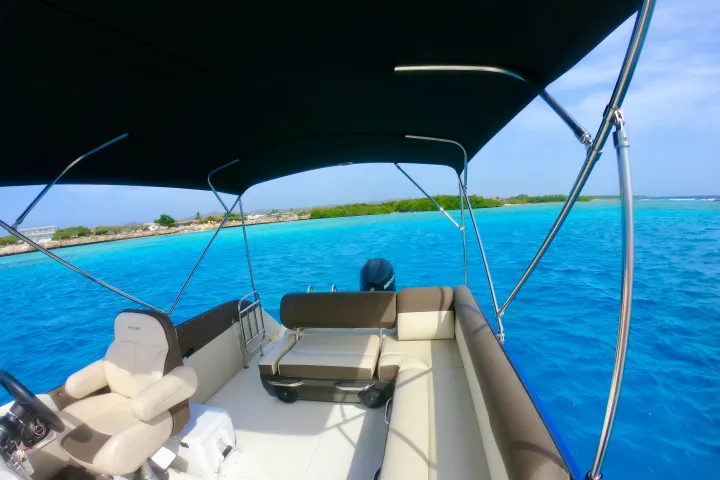 a blue and white boat in the water
