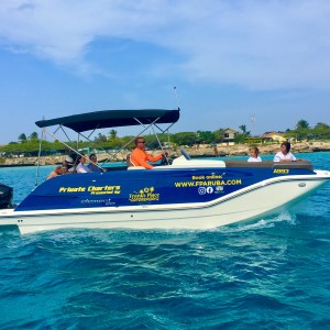 a blue and white boat floating on a body of water
