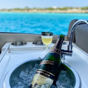 a blue and white boat sitting next to a body of water